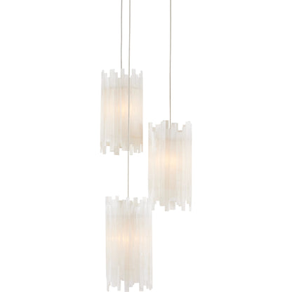 Escenia 3-Light Multi-Drop Pendant by Currey and Company in natural selenite, silver. Made from selenite, frosted glass in a transitional style.