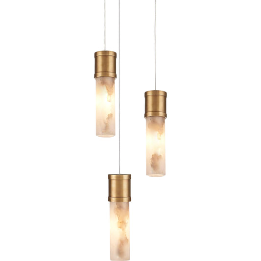 Cannula 3-Light Multi-Drop Pendant by Currey and Company in vintage brass, white, silver. Made from brass, alabaster in a modern style.