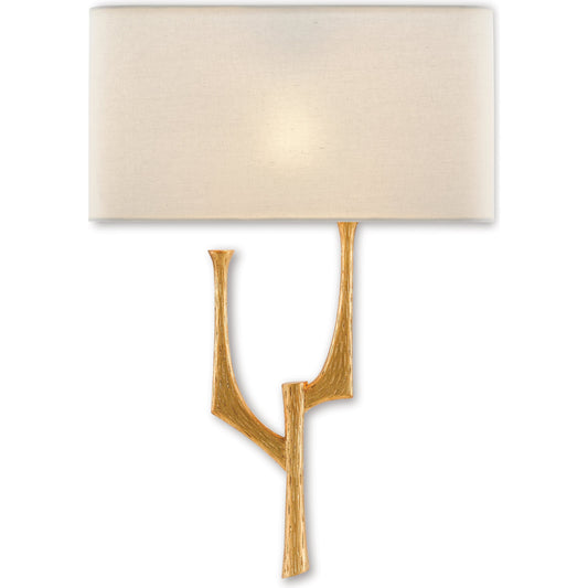 Bodnant Wall Sconce by Currey and Company in antique gold leaf. Made from wrought iron in a modern style.