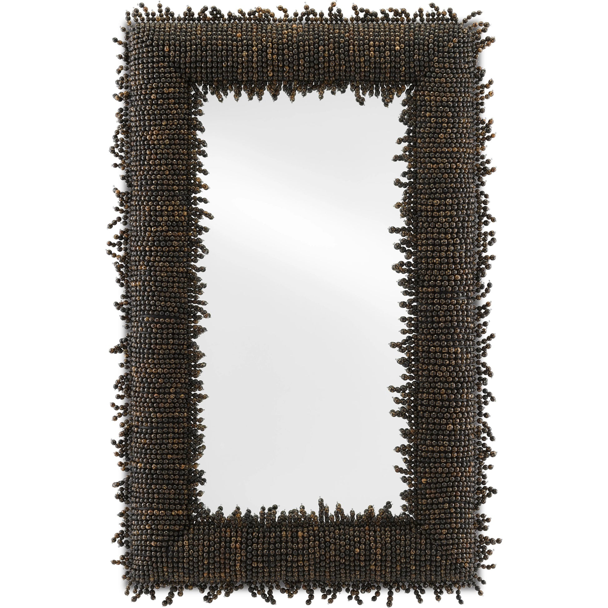 Pasay Mirror by Currey and Company in black, mirror. Made from faceted buri, wood, wrought iron, glass in a eclectic & global style.