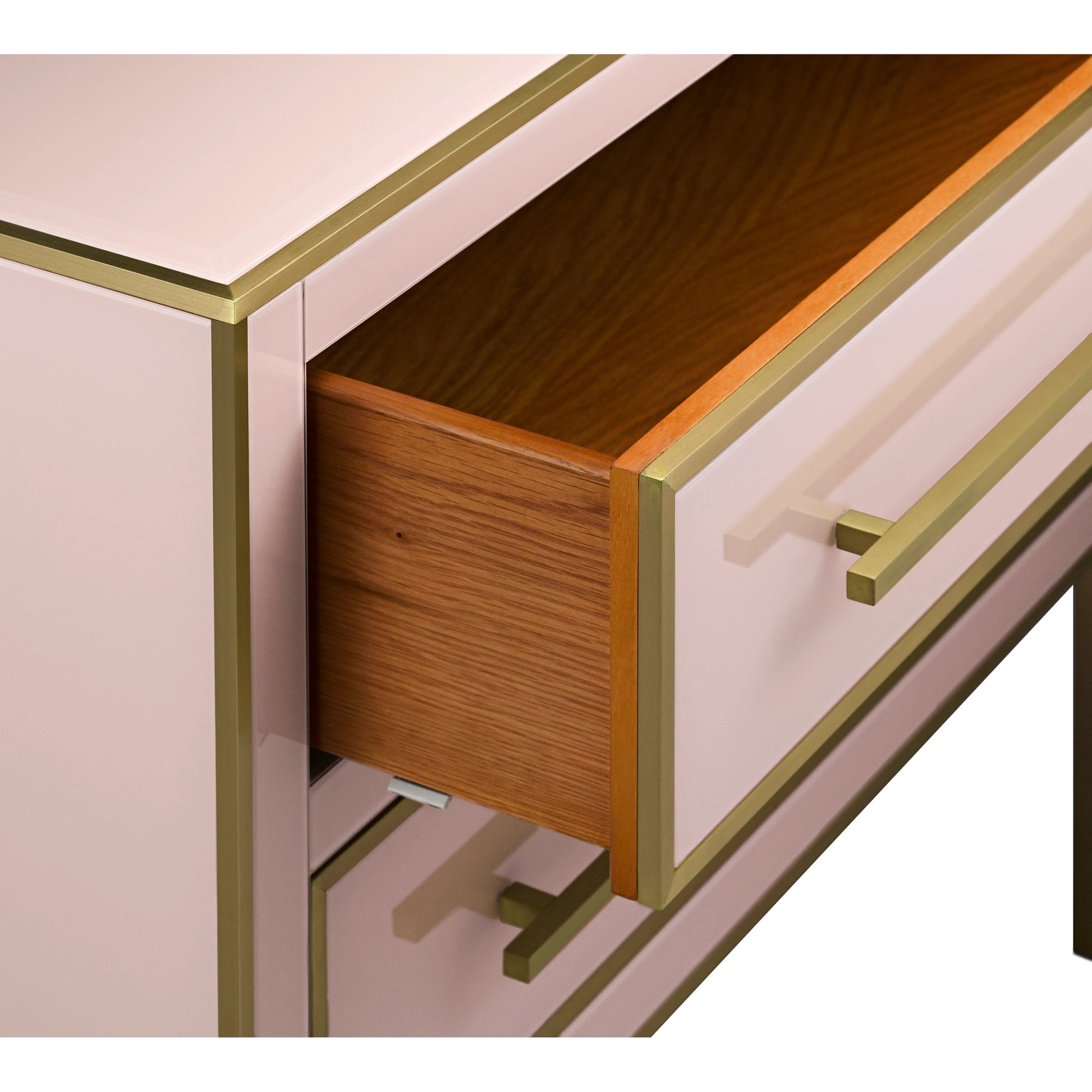 Arden Chest by Currey and Company in ivory, satin brass. Made from reverse painted glass, brass, solid hardwood, faux suede in a traditional style.