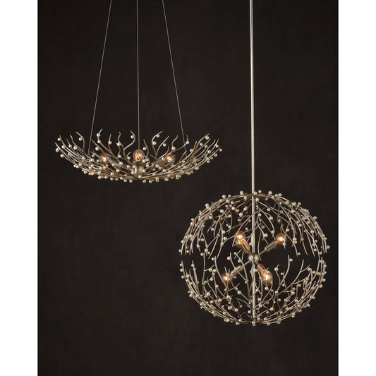 Shinju Pearl Bowl Chandelier by Currey and Company in natural, contemporary silver leaf. Made from pearl, wrought iron in a unique style.