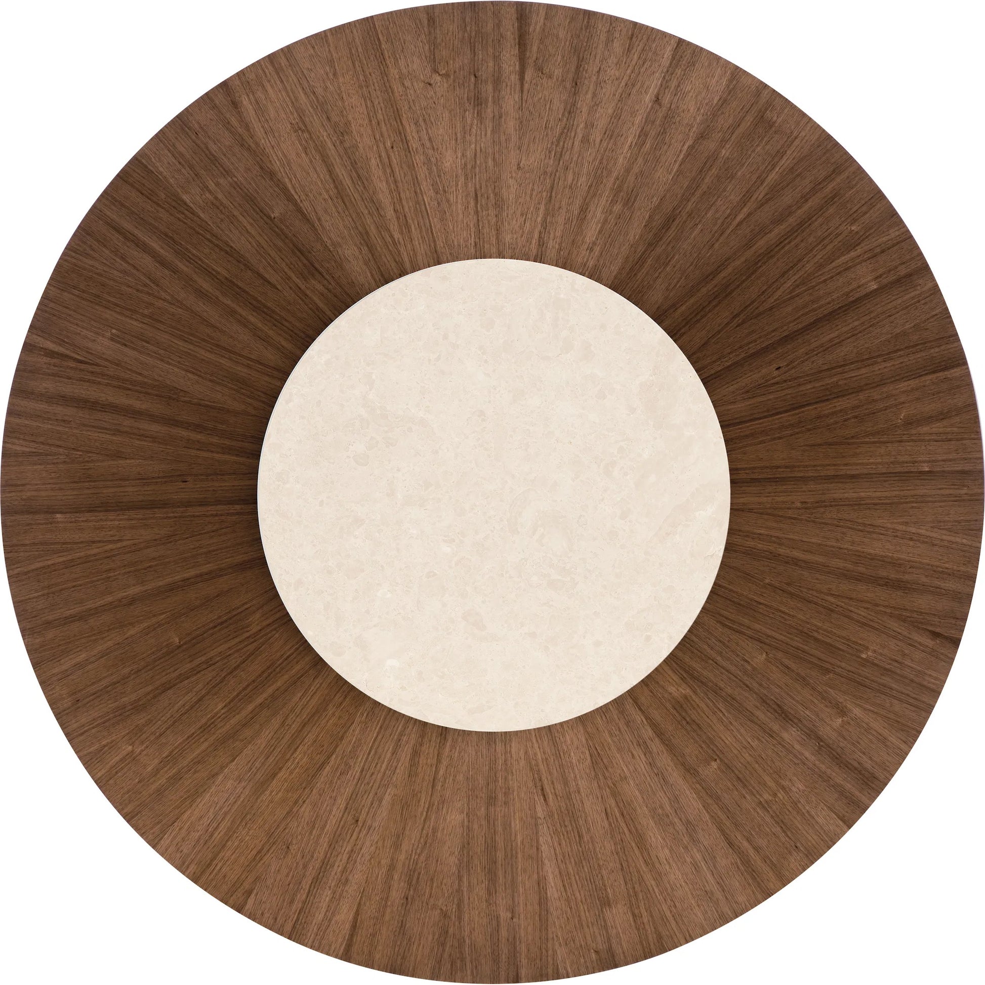 Eleana Round Dining Table by Hooker Furniture in light caramel, sunlit bronze metal. Made from walnut veneers, metal in a modern style.