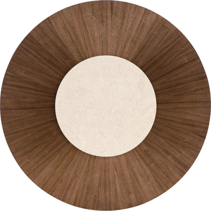 Eleana Round Dining Table by Hooker Furniture in light caramel, sunlit bronze metal. Made from walnut veneers, metal in a modern style.