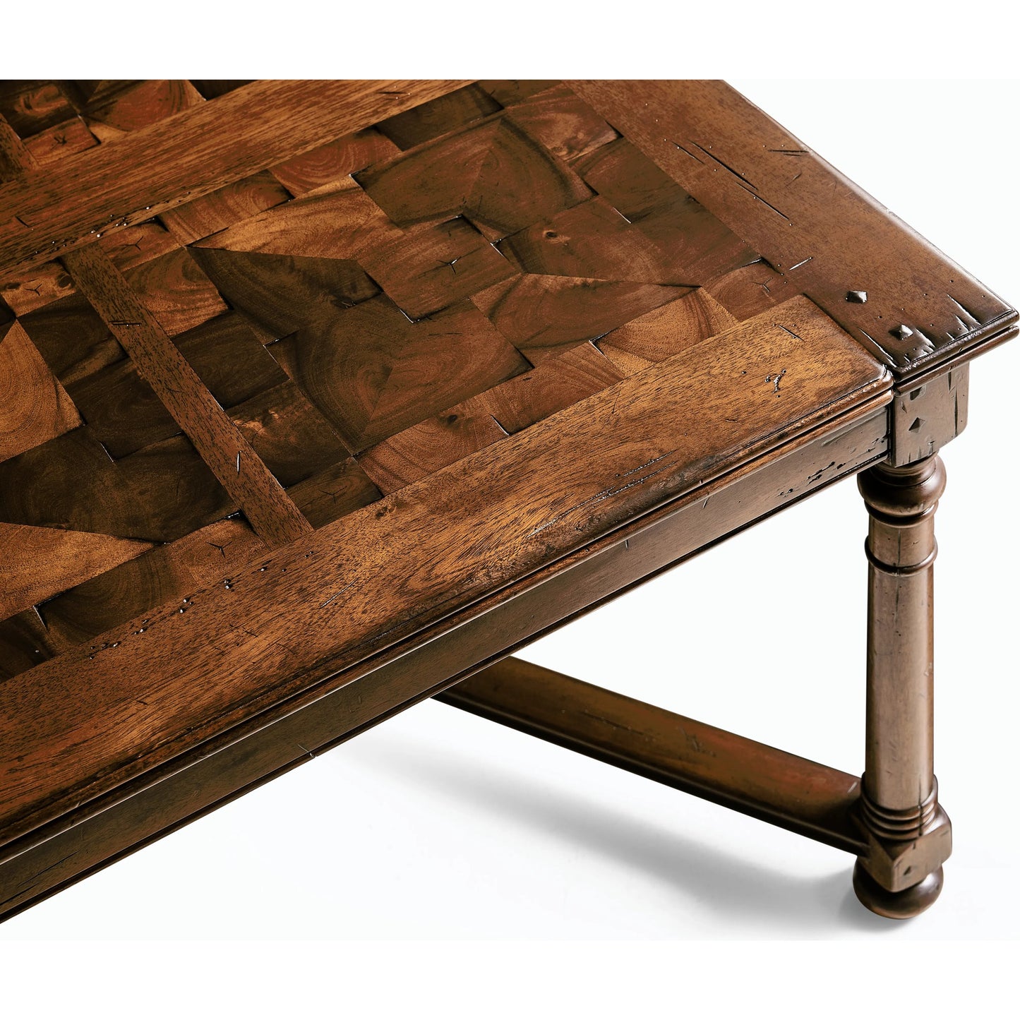 004 SR-846947 | Closeup | Casual Accents Walnut Parquet Oyster Cocktail Table by Jonathan Charles in brown and country oyster. Made from acacia in a traditional style.
