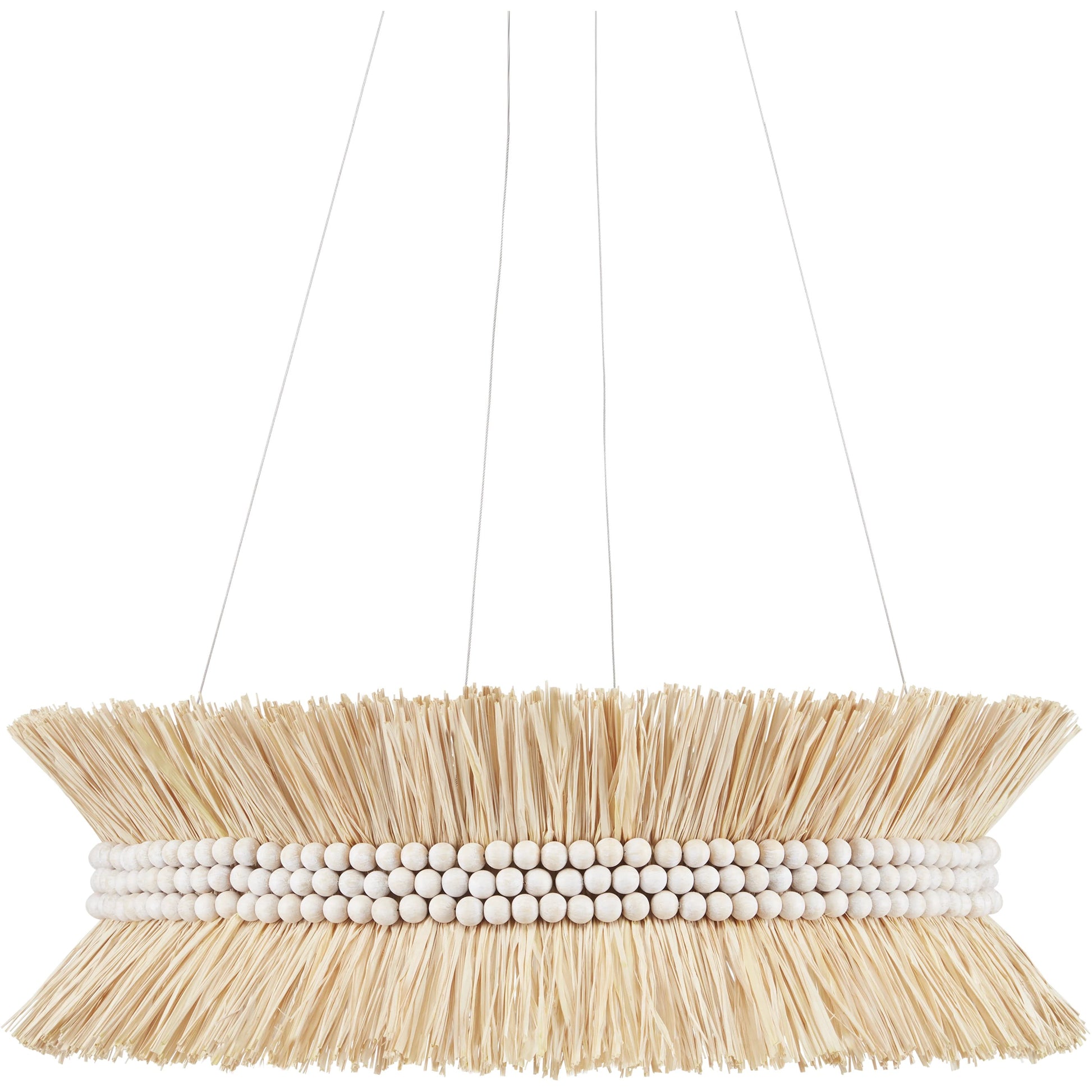 Seychelles Chandelier by Currey and Company in sugar white, natural raffia. Made from wrought iron, raffia, wood beads in a coastal style.