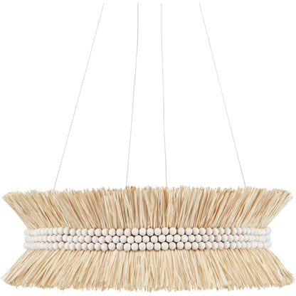 Seychelles Chandelier by Currey and Company in sugar white, natural raffia. Made from wrought iron, raffia, wood beads in a coastal style.