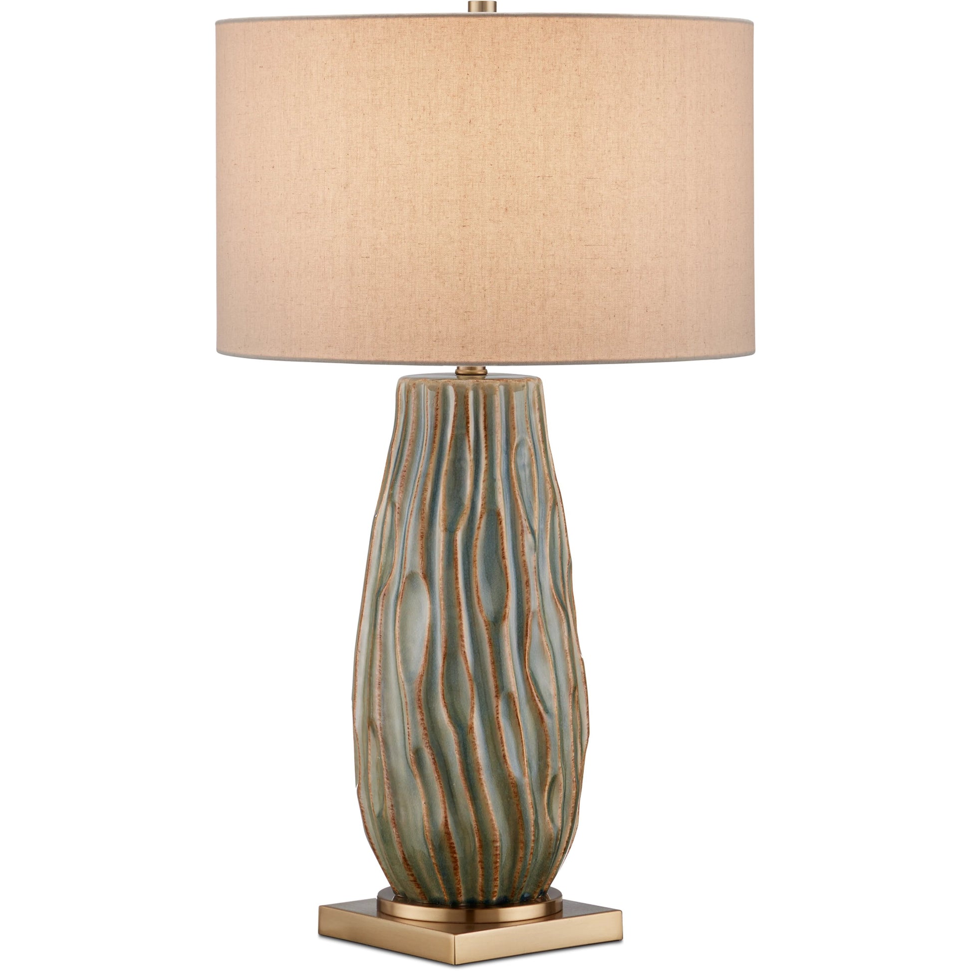 Water-Borne Table Lamp by Currey and Company in forest reactive, antique brass. Made from ceramic, metal in a modern style.