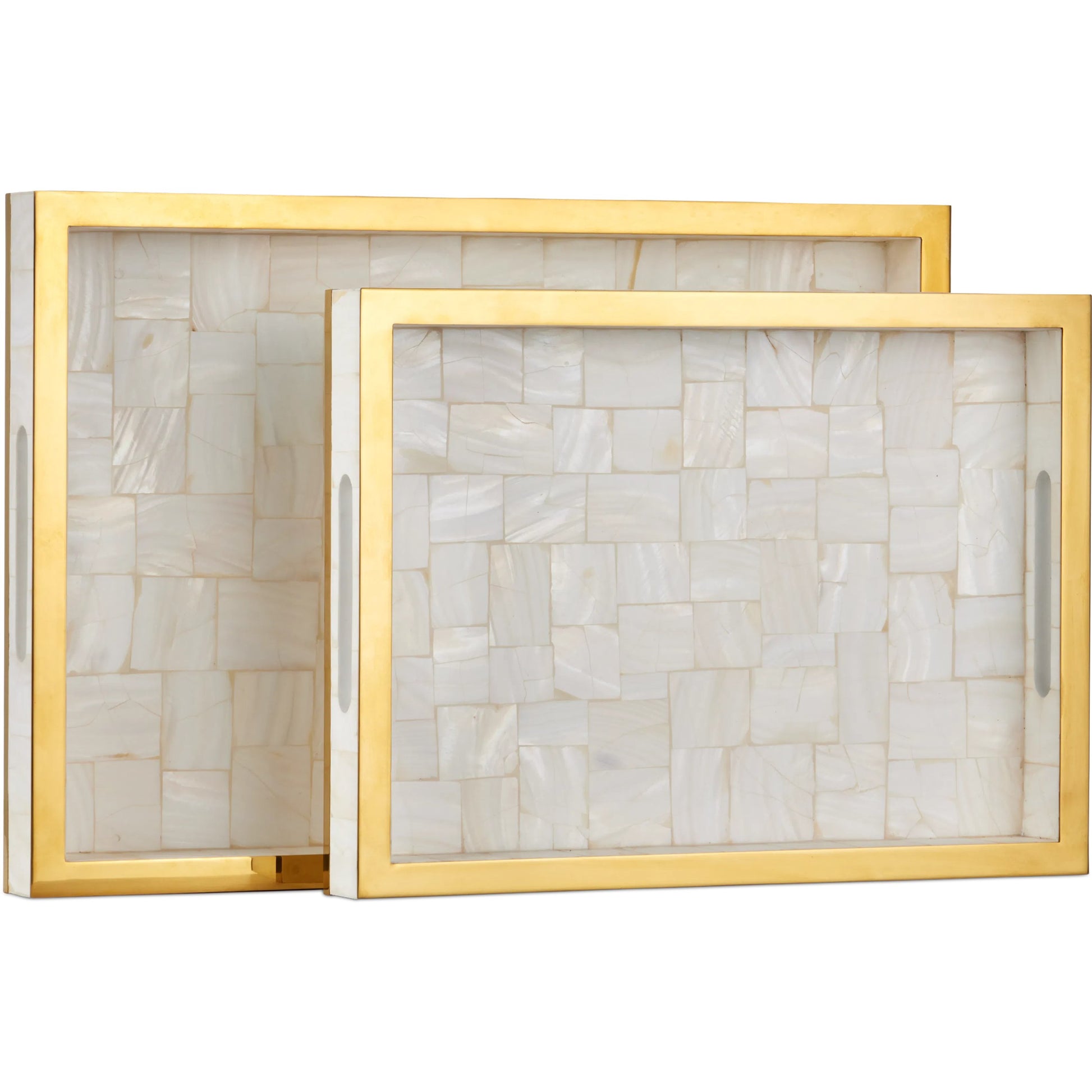 Casey Mother of Pearl Tray Set by Currey and Company in natural, brass. Made from mother of pearl, stainless steel, wood in a modern style.