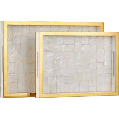 Casey Mother of Pearl Tray Set by Currey and Company in natural, brass. Made from mother of pearl, stainless steel, wood in a modern style.