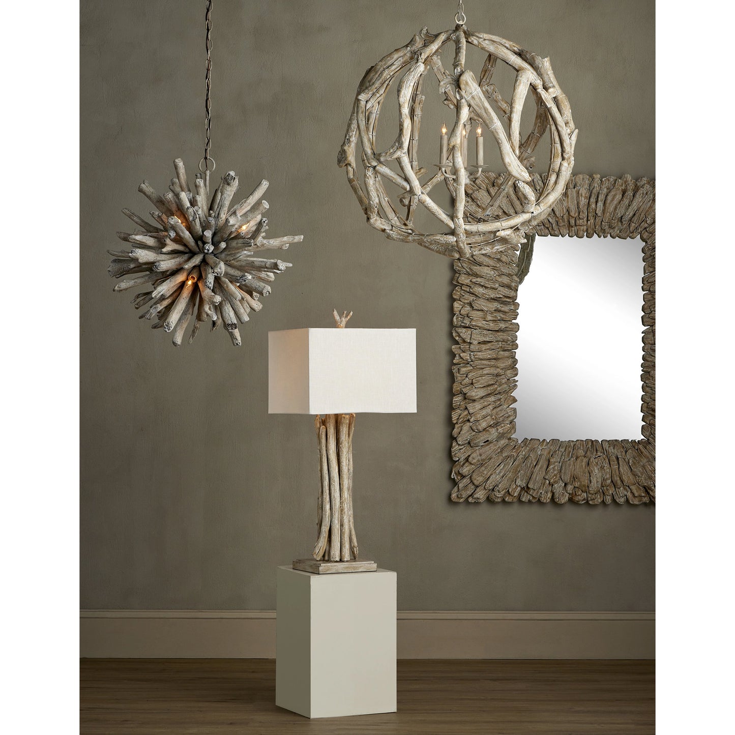 006 SI-2134119 | Lifestyle | Driftwood Whitewash Orb Chandelier by Currey and Company in whitewashed driftwood. Made from driftwood, wrought iron in a cottage & farmhouse style.