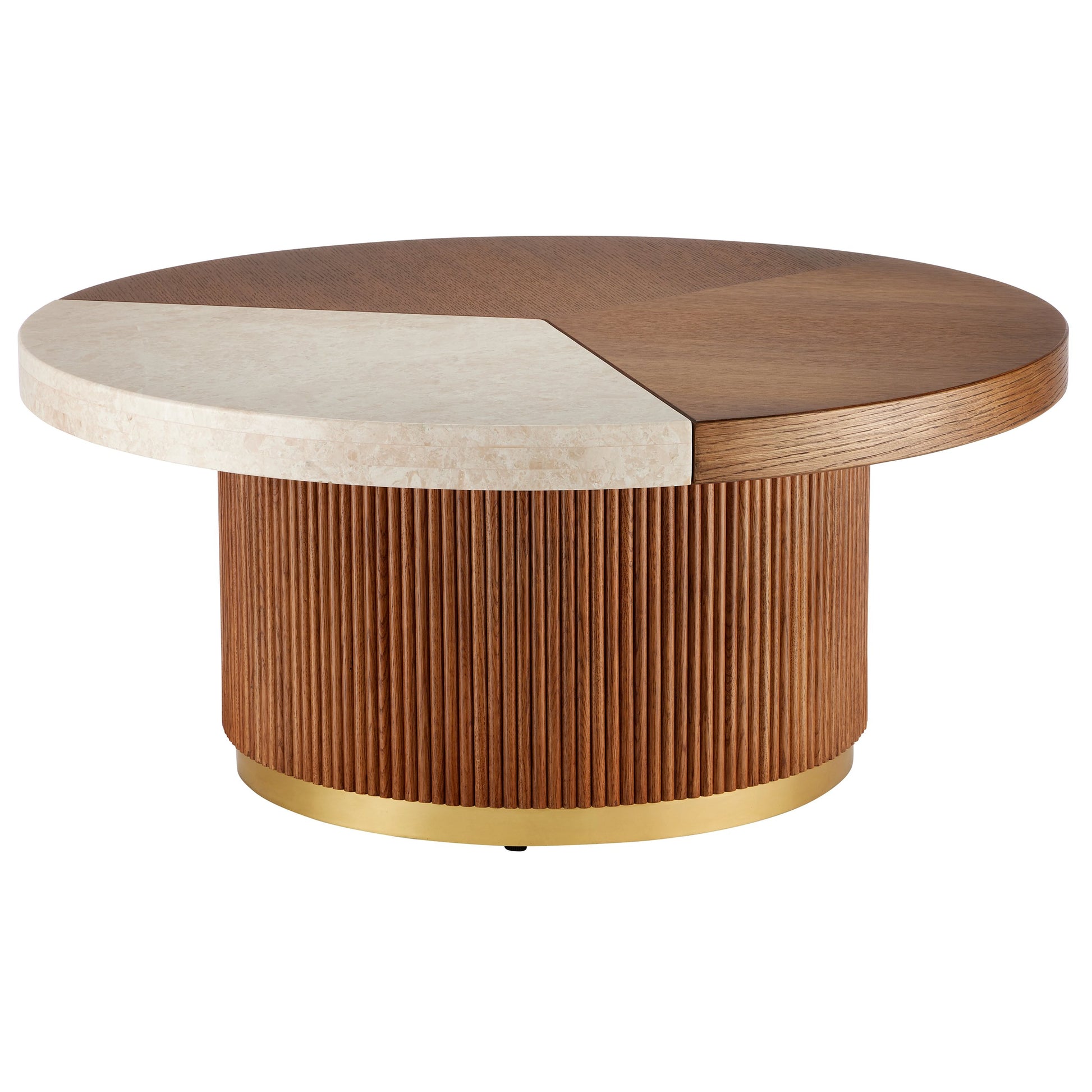 Dakota Cocktail Table by Currey and Company in morel brown, natural, polished brass. Made from oak, crema marfil marble, brass in a modern style.