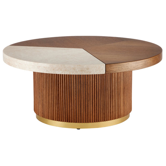 Dakota Cocktail Table by Currey and Company in morel brown, natural, polished brass. Made from oak, crema marfil marble, brass in a modern style.