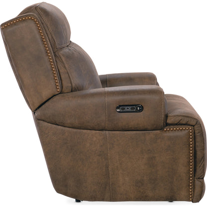 Wheeler Power Recliner by Hooker Furniture in seville timber. Made from leather, seville timber (aniline). seville timber features natural hallmarks of the trail such as fat wrinkles healed scars, scratches, mite marks. w