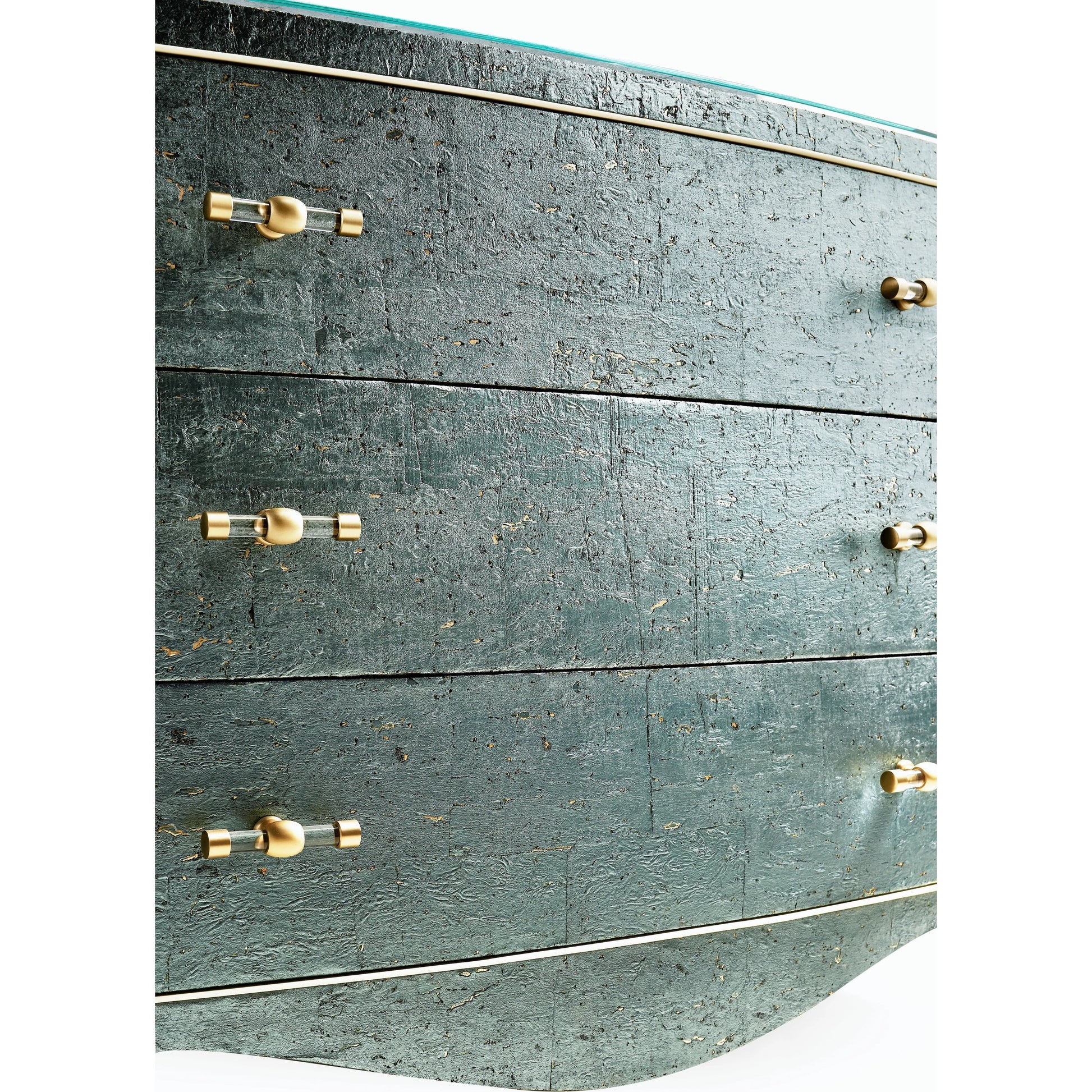 Suberin Cork Bow Front Chest by Jonathan Charles in blue and teal cork wallpaper. Made from beech wood, cork in a modern style.