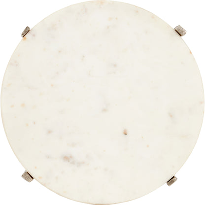 Micha Accent Table by Currey and Company in antique nickel, white. Made from cast aluminum, marble in a modern style.
