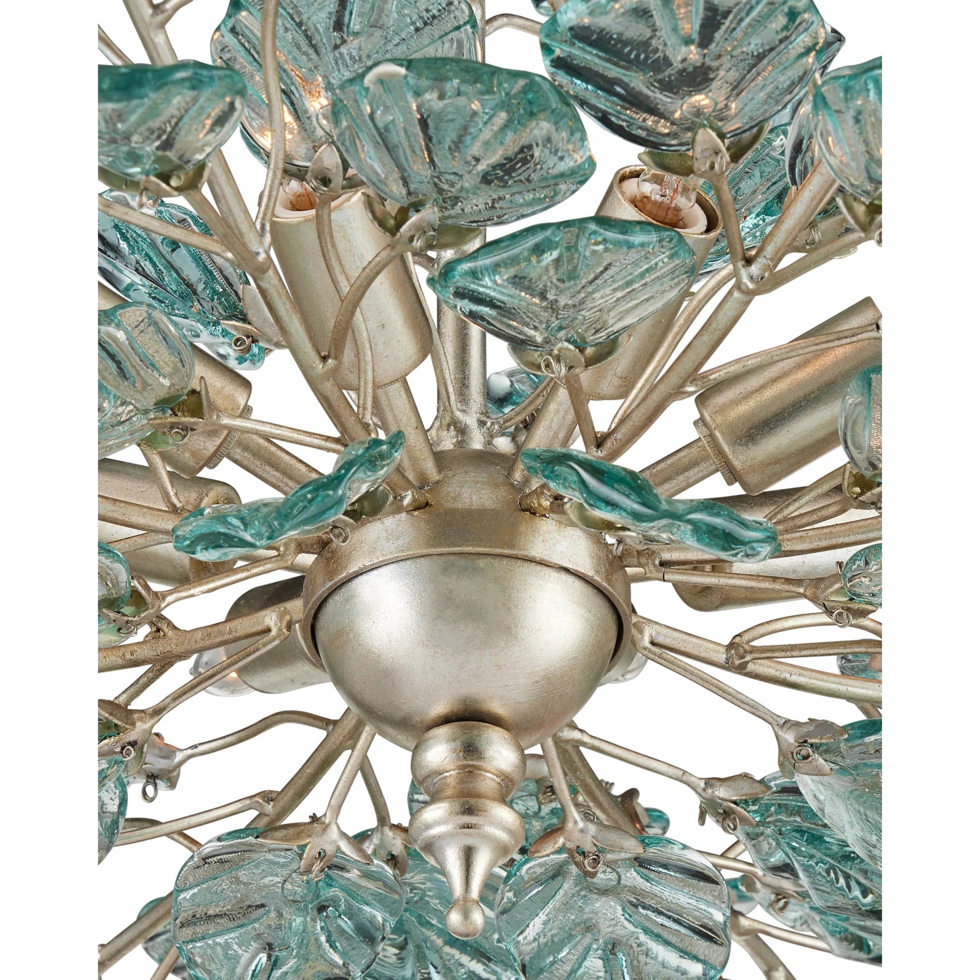 Baobab Chandelier by Currey and Company in clear, contemporary silver leaf. Made from recycled glass, wrought iron in a modern style.