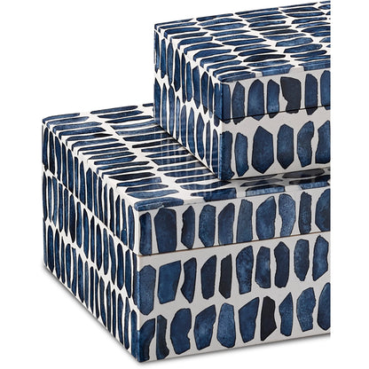 Indigo Box Set by Currey and Company in navy, white, natural. Made from bone, sheesham wood, composite in a coastal style.