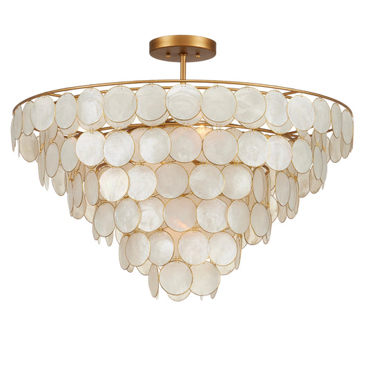Bon Vivant Semi-Flush Mount by Currey and Company in natural, contemporary gold. Made from capiz shell, wrought iron in a modern style.