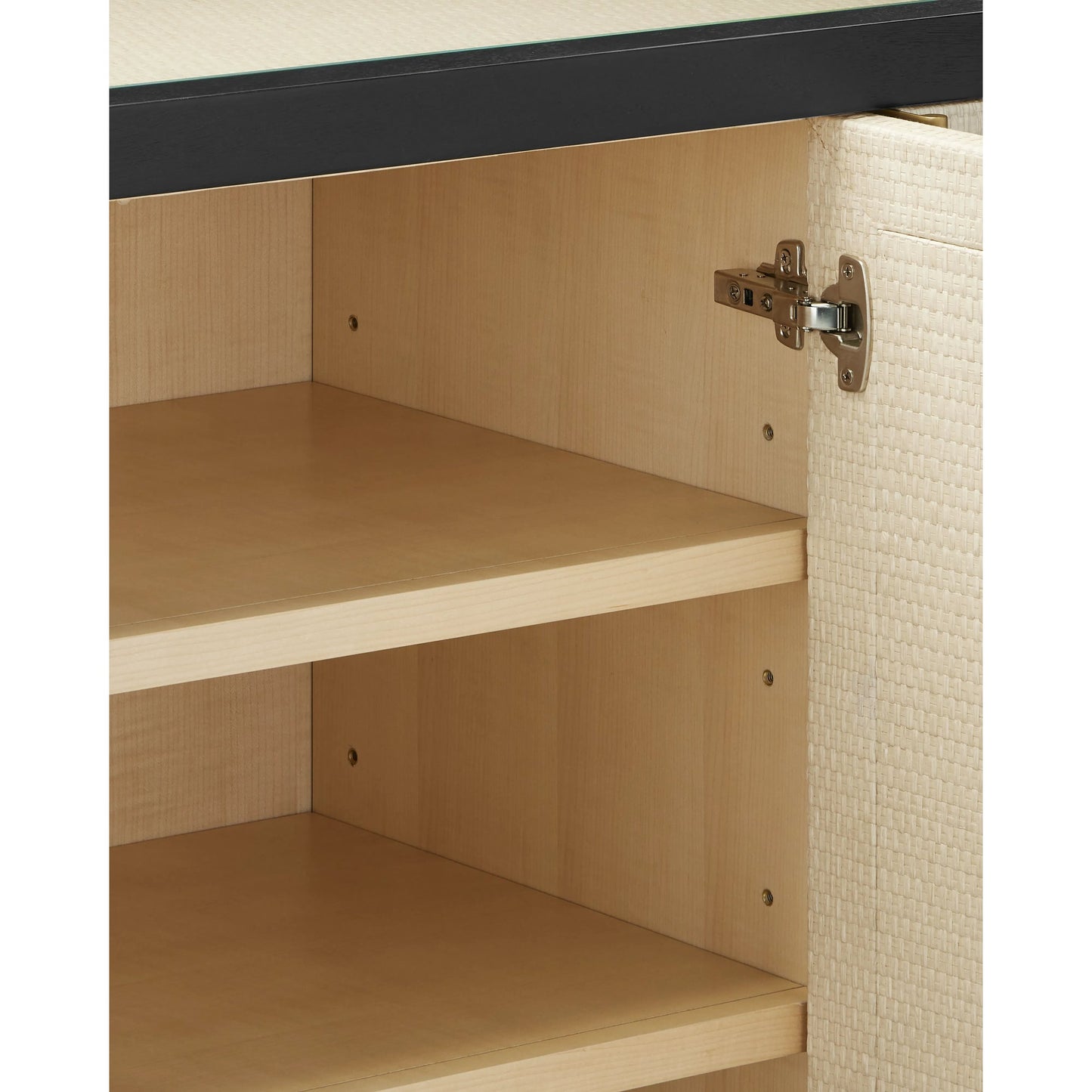 003 SI-2191699 | Additional Silo | Deanna Raffia Credenza by Currey and Company in ivory, black, satin brass, natural, clear. Made from raffia, okume veneer, stainless steel, sycamore veneer, tempered glass in a modern style.