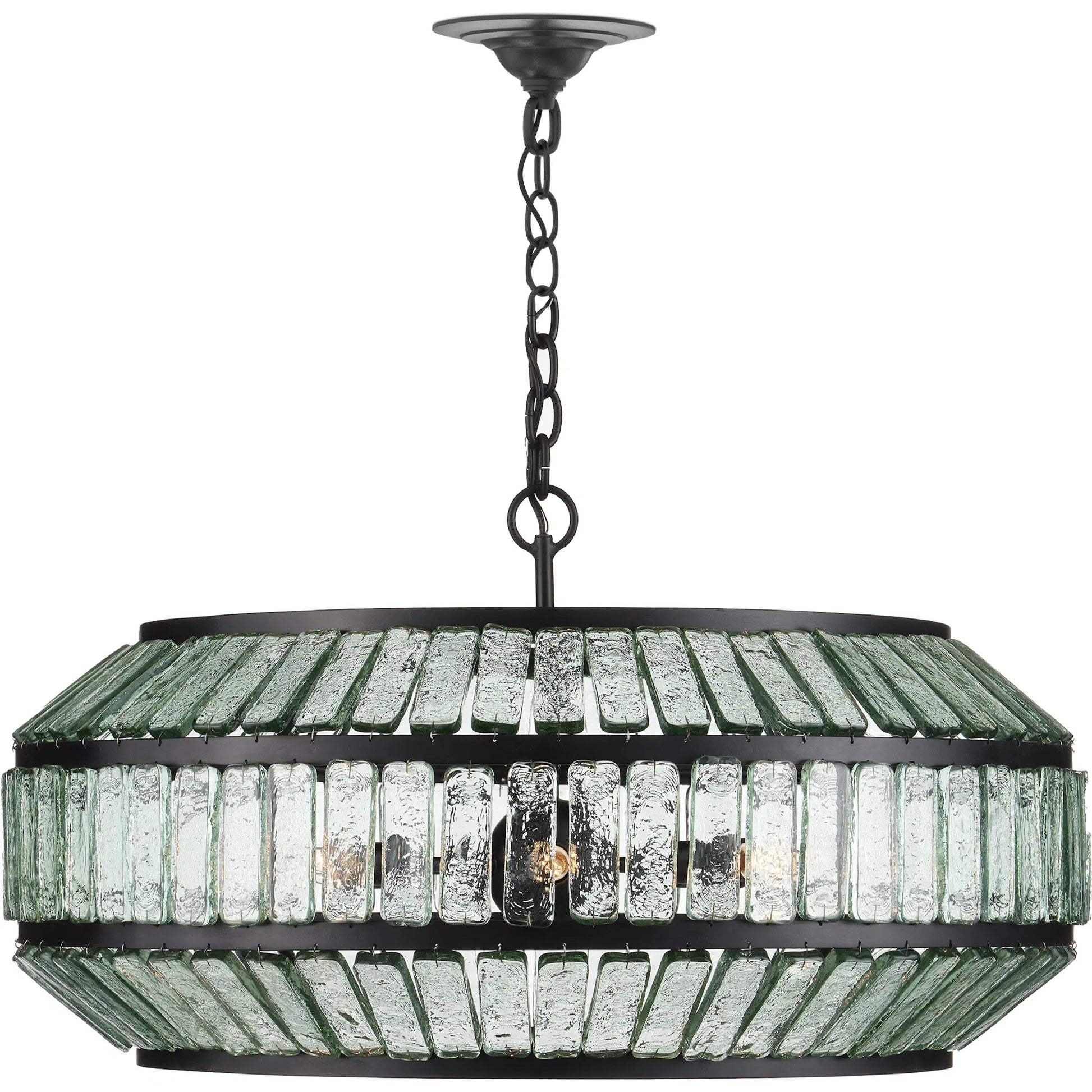 Centurion Recycled Glass Chandelier by Currey and Company in clear, satin black. Made from recycled glass, wrought iron in a traditional style.