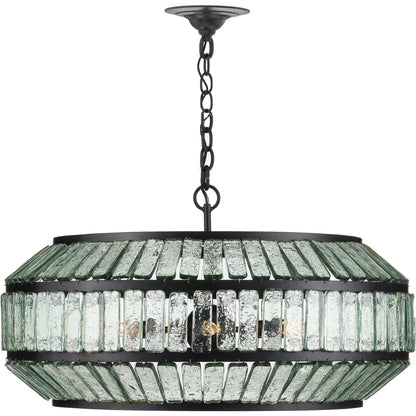 Centurion Recycled Glass Chandelier by Currey and Company in clear, satin black. Made from recycled glass, wrought iron in a traditional style.