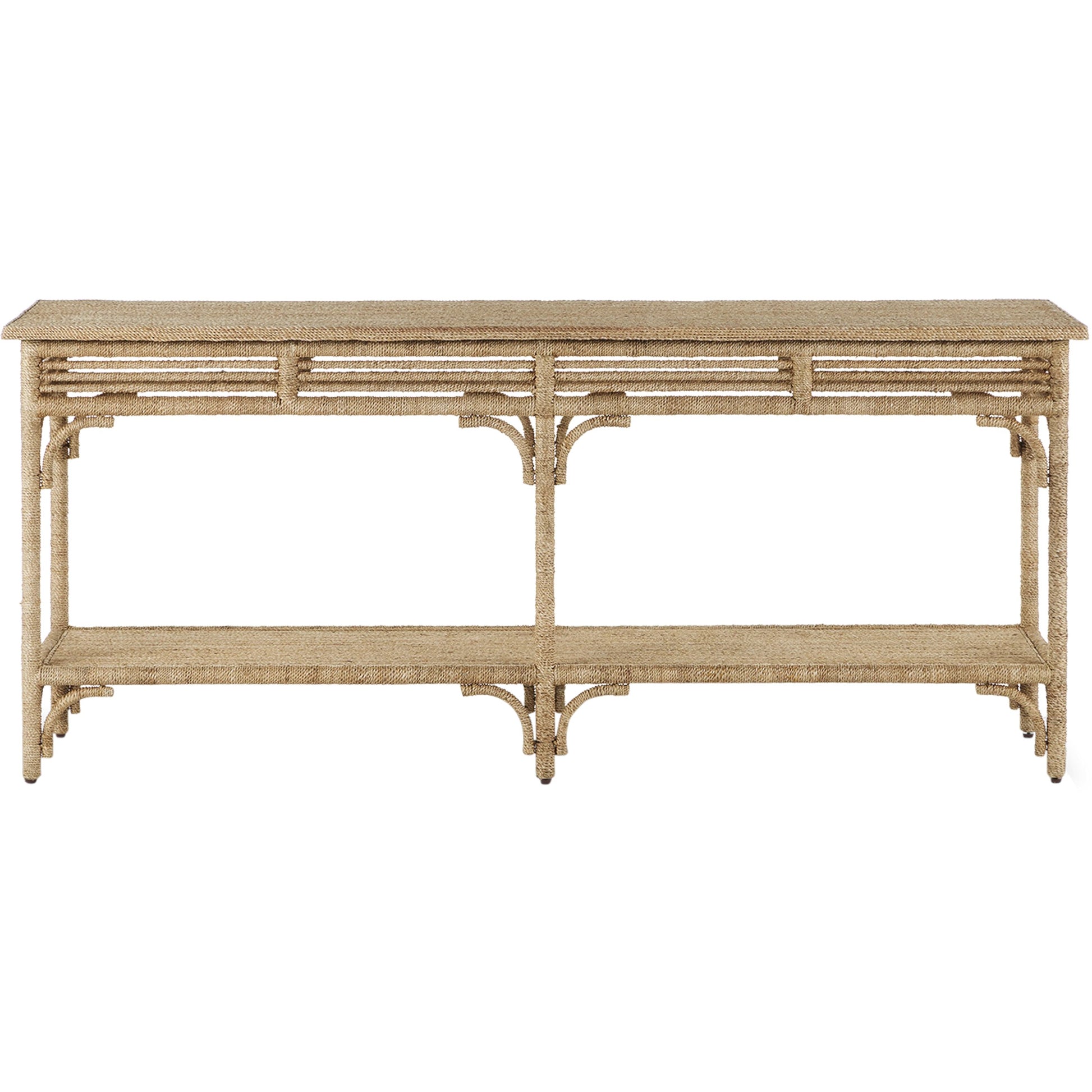 Olisa Rope Console Table by Currey and Company in natural, brown carafe. Made from abaca rope, wood, iron in a modern style.