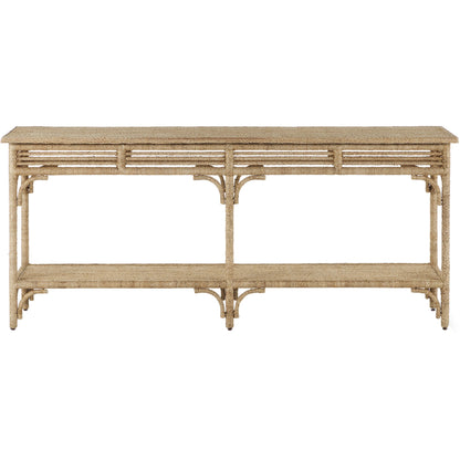 Olisa Rope Console Table by Currey and Company in natural, brown carafe. Made from abaca rope, wood, iron in a modern style.