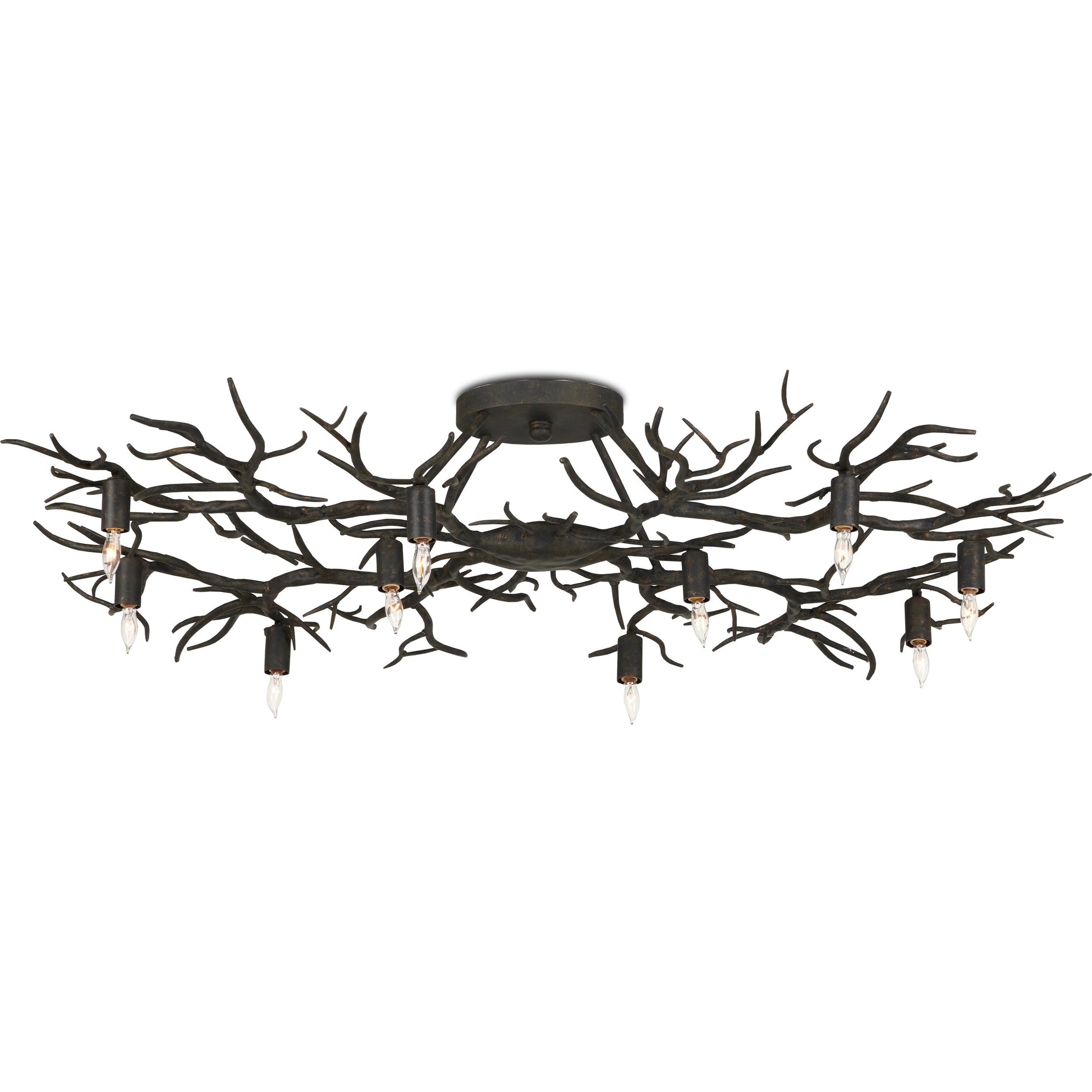 Rainforest Semi-Flush by Currey and Company in rustic bronze. Made from wrought iron in a modern style.