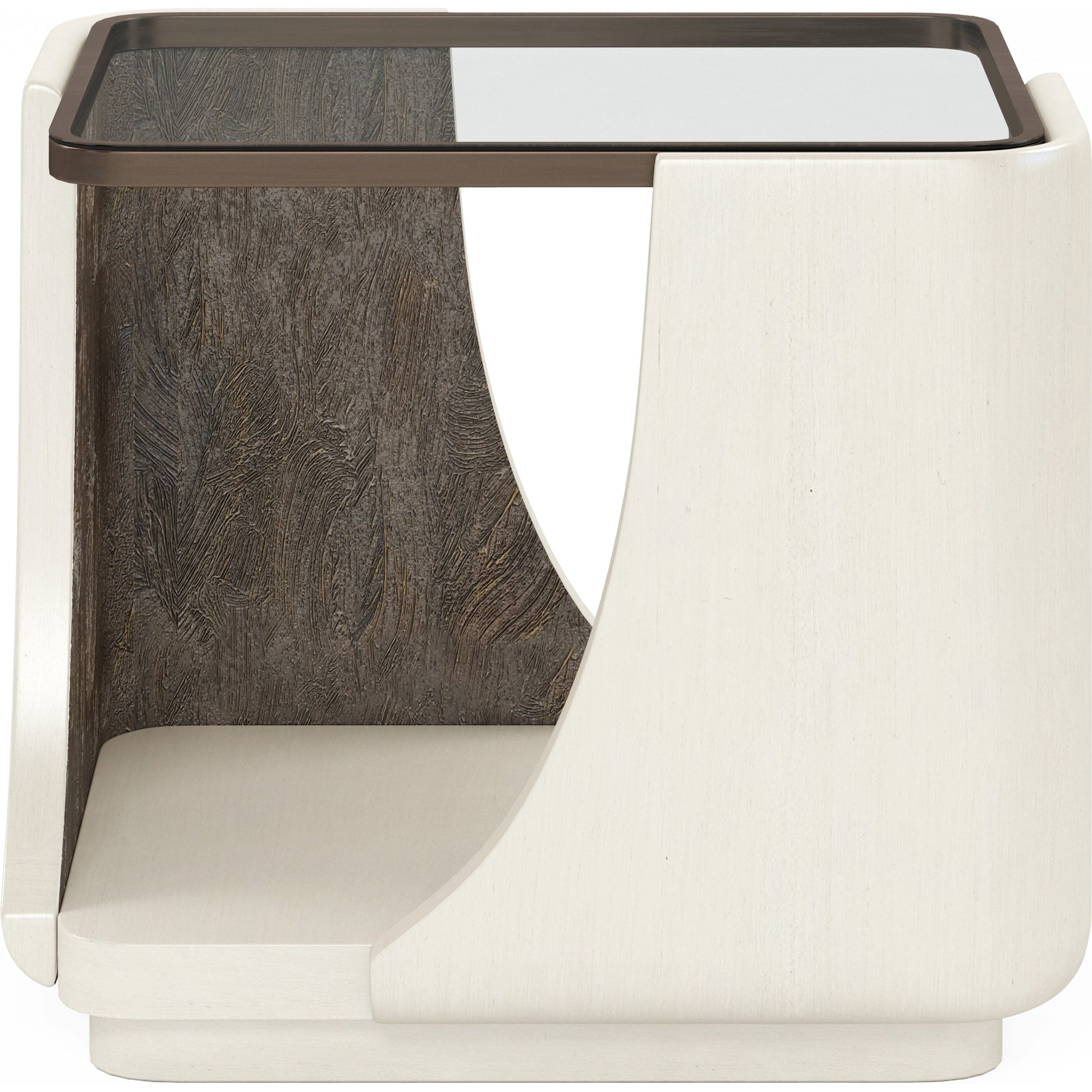 Blanc End Table by A.R.T. Furniture in alabaster, burnished bronze. Made from parawood solids, resin, metal, glass in a modern style.