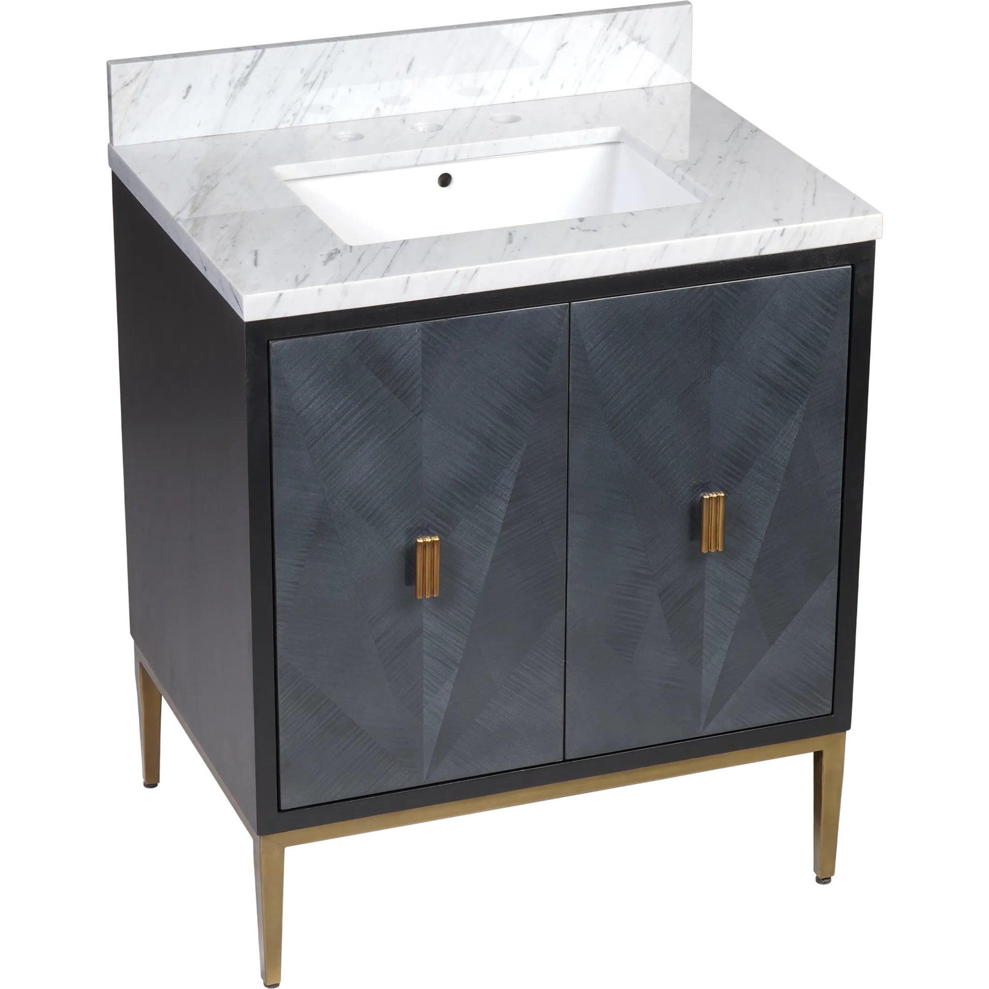 Kallista 30" Blue Vanity with Undermount Sink by Currey and Company in dark sapphire, caviar black, natural, white, antique brass. Made from sycamore veneer, mahogany veneer, carrera marble, vitreous china, iron, brass in a eclectic & 