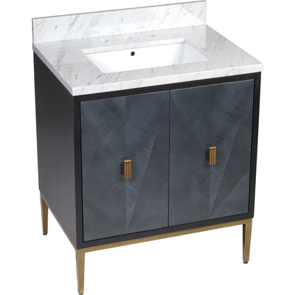 Kallista 30" Blue Vanity with Undermount Sink by Currey and Company in dark sapphire, caviar black, natural, white, antique brass. Made from sycamore veneer, mahogany veneer, carrera marble, vitreous china, iron, brass in a eclectic & 