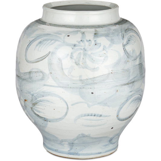Ming-Style Countryside Preserve Pot by Currey and Company in off white, pale blue. Made from porcelain in a modern style.