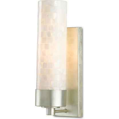 Abadan Wall Sconce by Currey and Company in pearl, silver leaf. Made from mother of pearl, glass, metal in a coastal style.