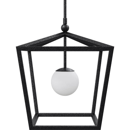 Denison Outdoor Lantern by Currey and Company in black, frosted white. Made from wrought iron, glass in a modern style.