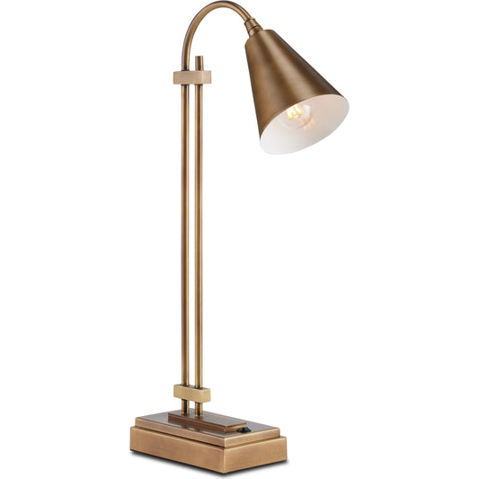 Symmetry Desk Lamp by Currey and Company in antique brass. Made from metal in a transitional style.