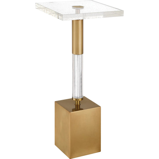 Desiree Drinks Table by Currey and Company in clear, antique brass. Made from optic crystal, metal in a unique style.