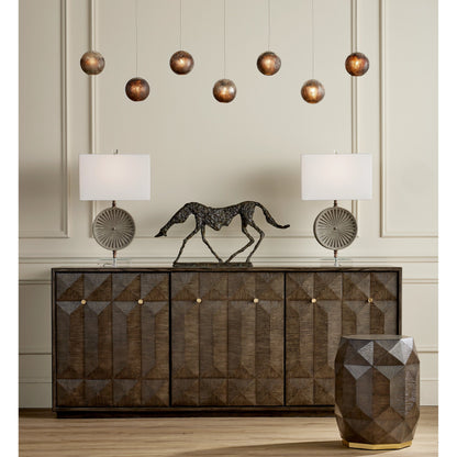 Kendall Credenza by Currey and Company in dove gray, polished brass. Made from oak solids, veneers, brass in a transitional style.