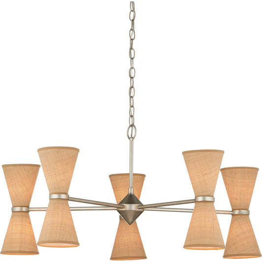 Pennyworth Chandelier by Currey and Company in contemporary silver leaf, contemporary silver, natural. Made from wrought iron, grasscloth in a modern style.