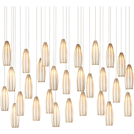 Parish 30-Light Rectangular Multi-Drop Pendant by Currey and Company in white, antique brass, silver. Made from glass, metal in a modern style.
