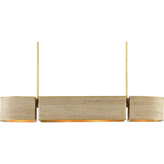 Tenby Oval Chandelier by Currey and Company in contemporary gold leaf, abaca rope. Made from wrought iron, abaca rope in a coastal style.