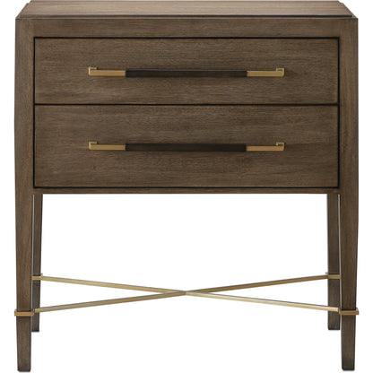 Verona Chanterelle Nightstand by Currey and Company in chanterelle, coffee, champagne. Made from mahogany, brass, iron in a transitional style.