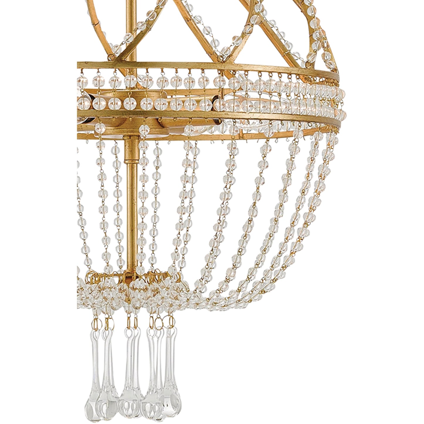 005 S-223532 | Closeup | Ingenue Chandelier by Currey and Company in antique gold leaf. Made from wrought iron, crystal in a traditional style.