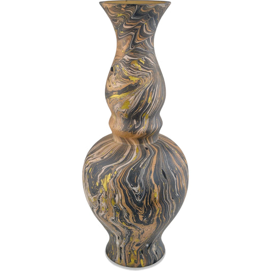 Marbleized Double Gourd Vase by Currey and Company in black, brown, white, gold. Made from wood in a modern style.