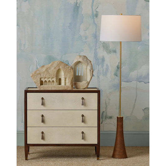 Lathe Floor Lamp by Currey and Company in natural, brushed brass. Made from stainless steel, brass, wood in a transitional style.