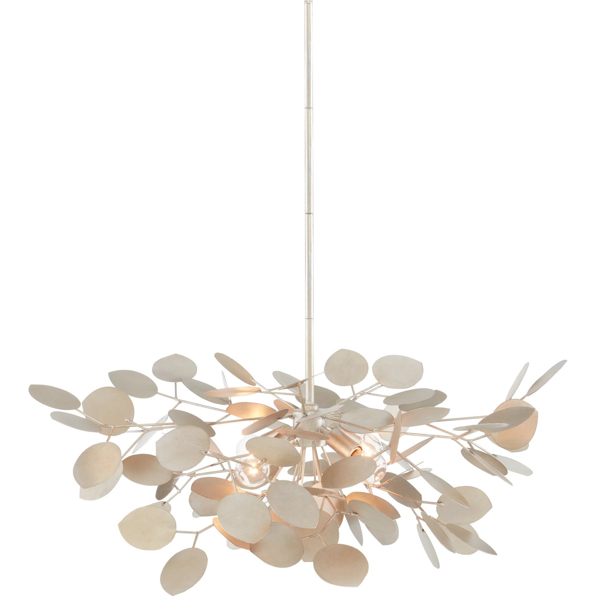 Lunaria Small Chandelier by Currey and Company in contemporary silver leaf. Made from wrought iron in a transitional style.