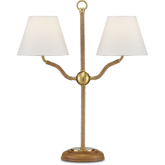 Sirocco Desk Lamp by Currey and Company in natural, antique brass. Made from rope, metal, wood in a modern style.
