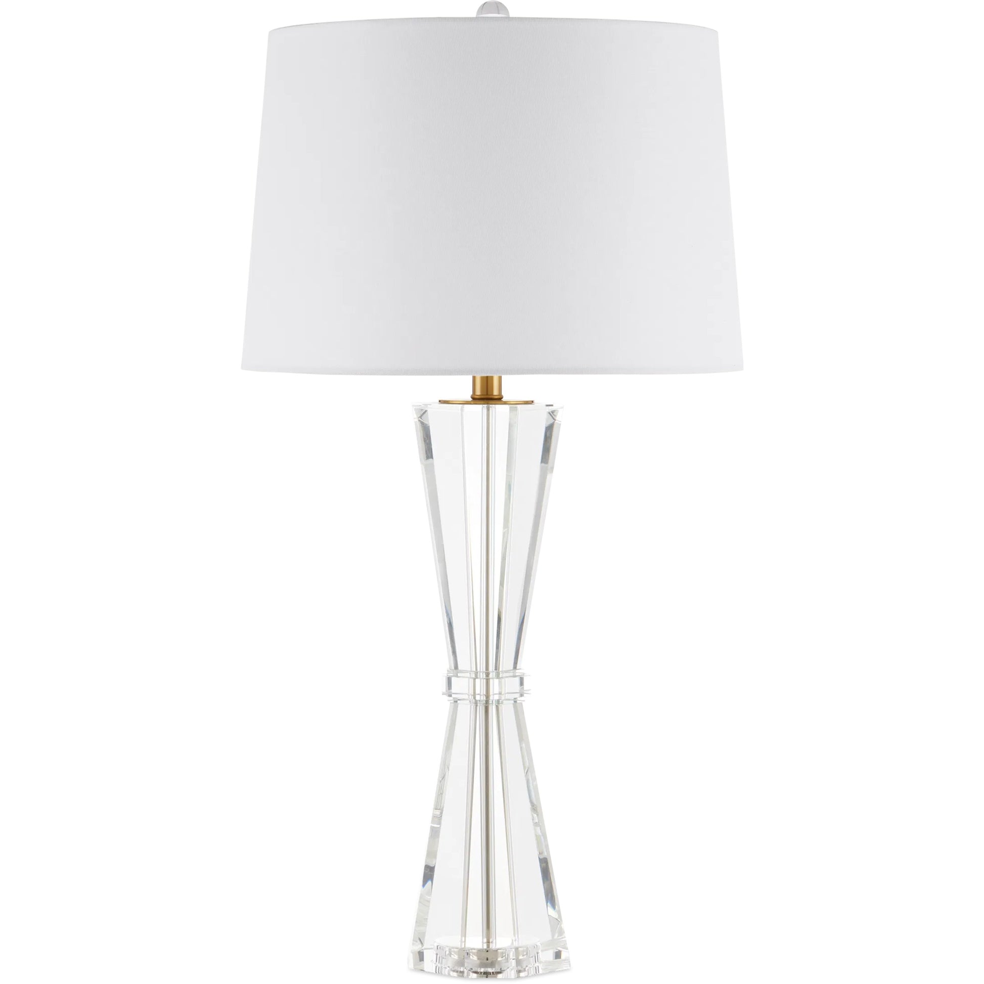 Duveen Table Lamp by Currey and Company in clear, polished brass. Made from optic crystal, metal in a modern style.