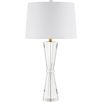 Duveen Table Lamp by Currey and Company in clear, polished brass. Made from optic crystal, metal in a modern style.