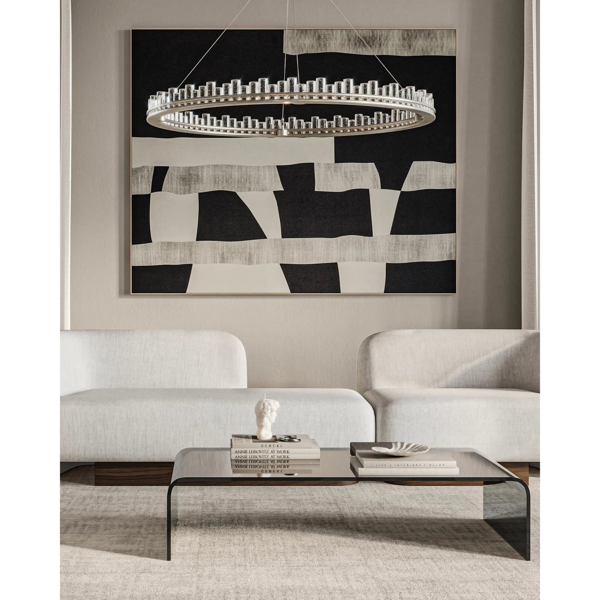 Pleiades Chandelier by Currey and Company in contemporary silver leaf, contemporary silver, clear. Made from wrought iron, seeded crystal in a modern style.